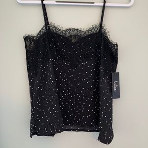 Lulus Black and White Polkadot Tank Top with Lace Detail